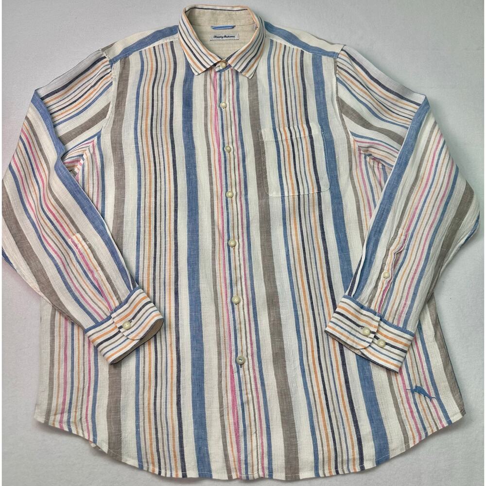 Tommy Bahama Striped 100% Linen Button Up Shirt Multi Color Long Sleeve Size XL - Picture 4 of 12